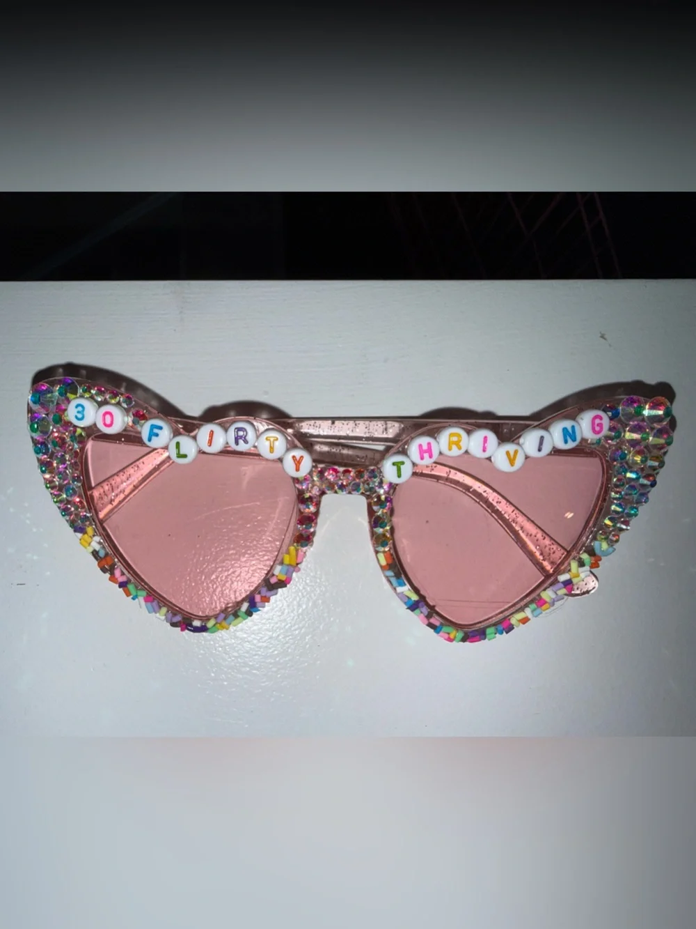30th Birthday Pink Beaded Heart Sunglasses - '30 Flirty Thriving' Style